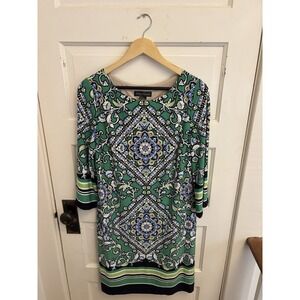 Jessica Howard Women's Green/Black/White Striped Medallion‎ A-line Dress Size 14